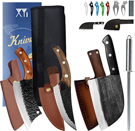 XYJ FULL TANG 6.7 Inch Forging Butcher Knife 6.2 Inch Camping Kitchen Knives 6 Inch Outdoor Boning Knife With Carry Sheath&Chef Knives Bag&Cutlery Gadget Set (Brown)